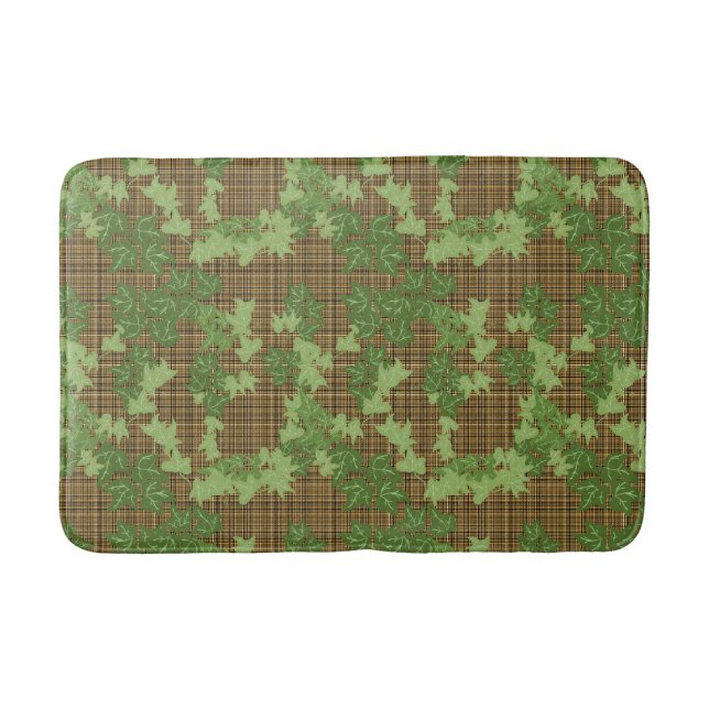 Green ivy on gold black brown plaid bath mat (Front)