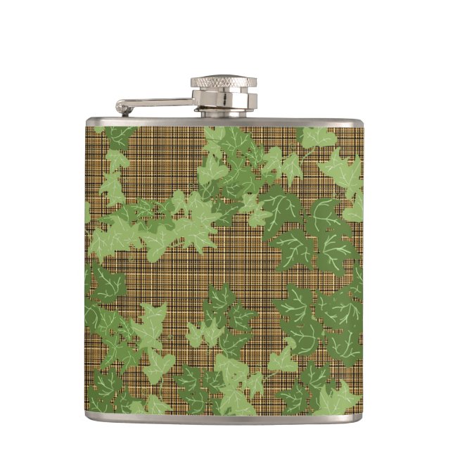 Green ivy on gold black brown plaid  hip flask (Front)
