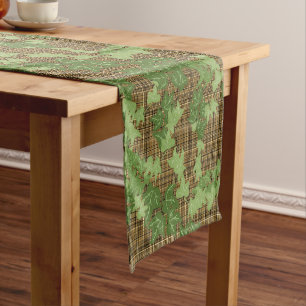 Green ivy on gold black brown plaid short table runner