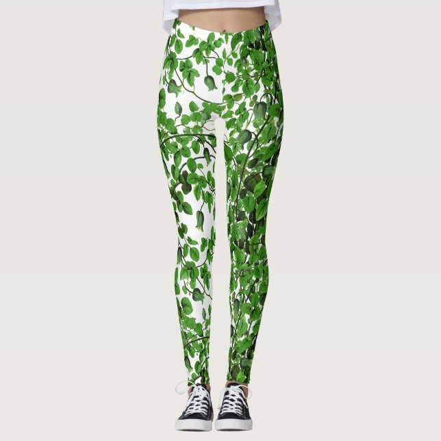 Green Ivy Pattern on White Leggings (Front)
