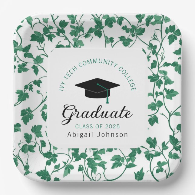 Green Ivy Pattern Personalized Graduation Paper Plate (Front)