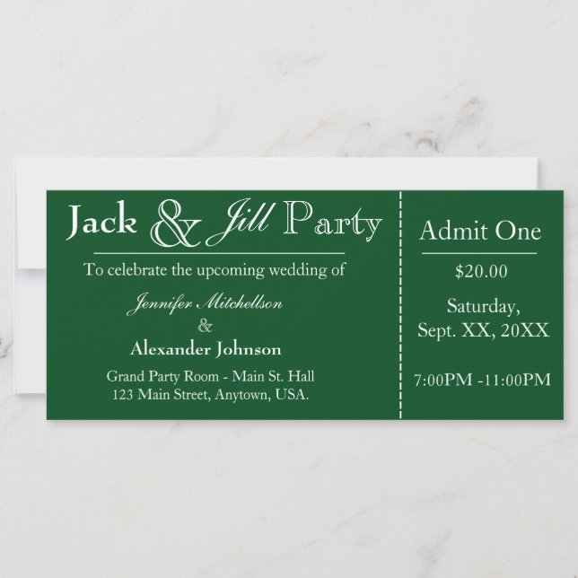 Green Jack and Jill Shower Ticket Invitation (Front)