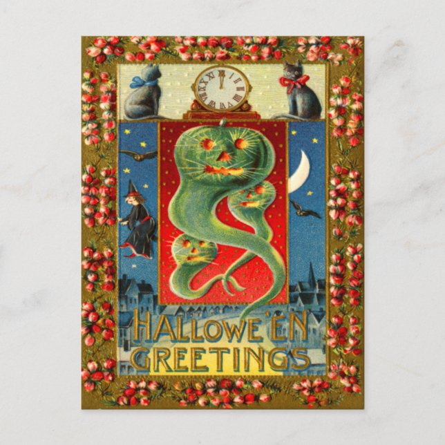 Green Jack O' Lantern Ghost Pumpkin Black Cat Postcard (Front)