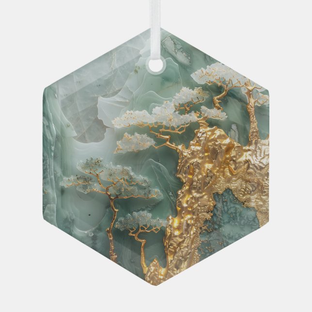 green jade and gold village   glass ornament (Front)