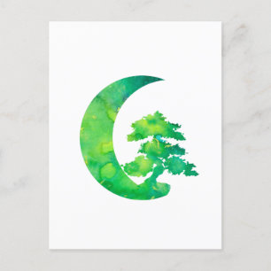 Green Jade Crescent Moon and Bonsai Tree Postcard