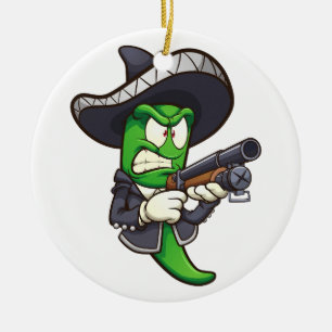 green jalapeno pepper with a mariachi outfit and a ceramic ornament