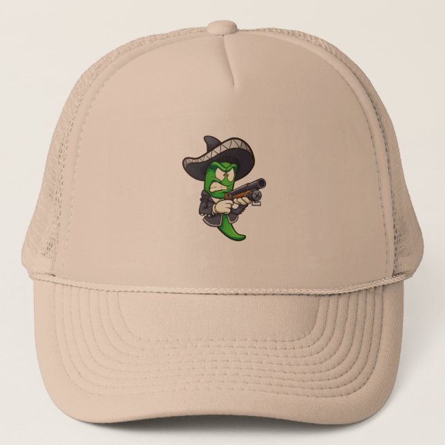 green jalapeno pepper with a mariachi outfit and a trucker hat (Front)