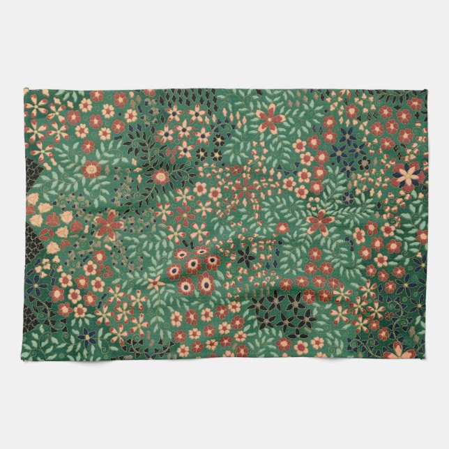 Green Japanese flower background traditional flora Kitchen Towel (Horizontal)