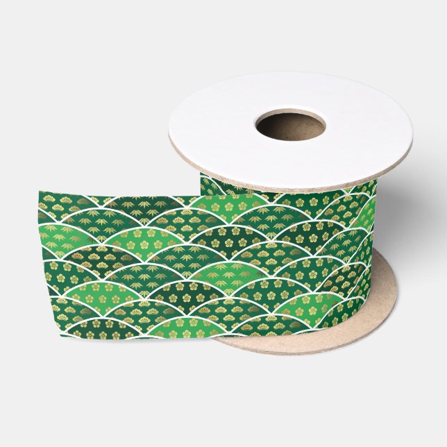Green Japanese traditionally auspicious pattern Satin Ribbon (Spool)