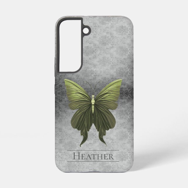 Green Jewelled Butterfly Damask Samsung Galaxy S22 Case (Back)