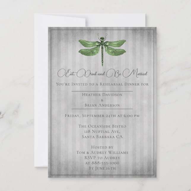 Green Jewelled Dragonfly Rehearsal Dinner Invitation (Front)