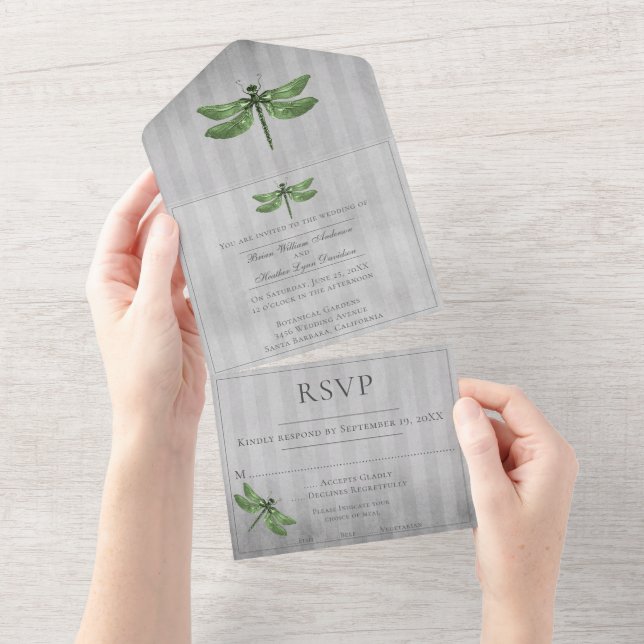 Green Jewelled Dragonfly Wedding All In One Invitation (Tearaway)