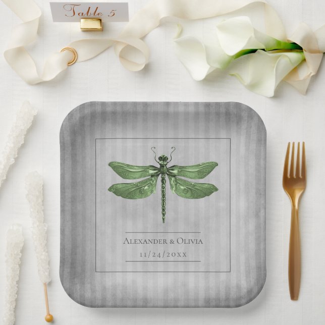 Green Jewelled Dragonfly Wedding Paper Plate (Wedding)
