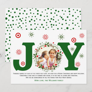 Green Joy and Christmas floral wreath photo Holiday Card