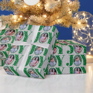 Green JOY and snowflakes two photo Christmas Wrapping Paper