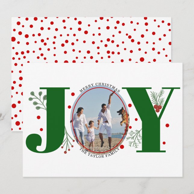 Green Joy with berries Christmas photo Holiday Card (Front/Back)