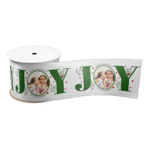 Green Joy with berries Christmas photo Satin Ribbon