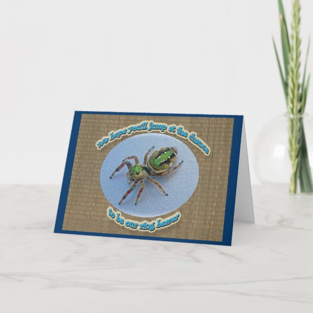Green Jumping Spider Ring Bearer Request Card (Front)