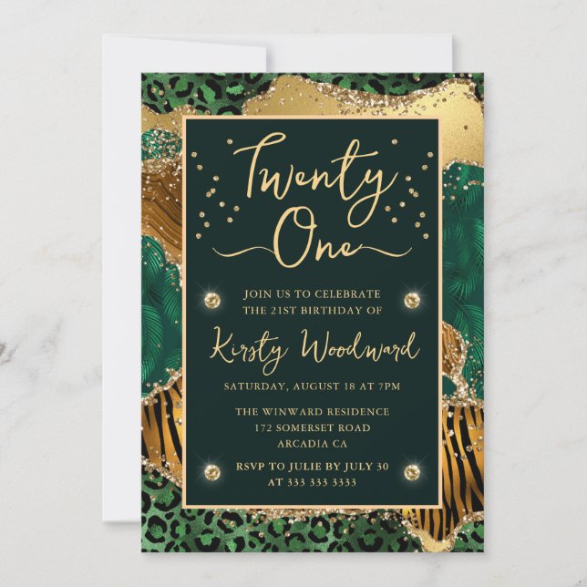 Green Jungle Animal Print Agate 21st Birthday Invitation (Front)