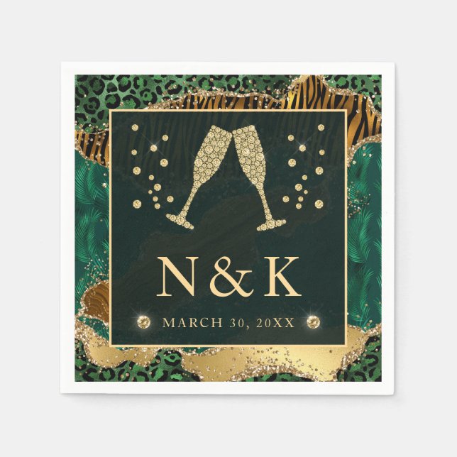 Green Jungle Animal Print Glitter Agate Wedding Napkin (Front)