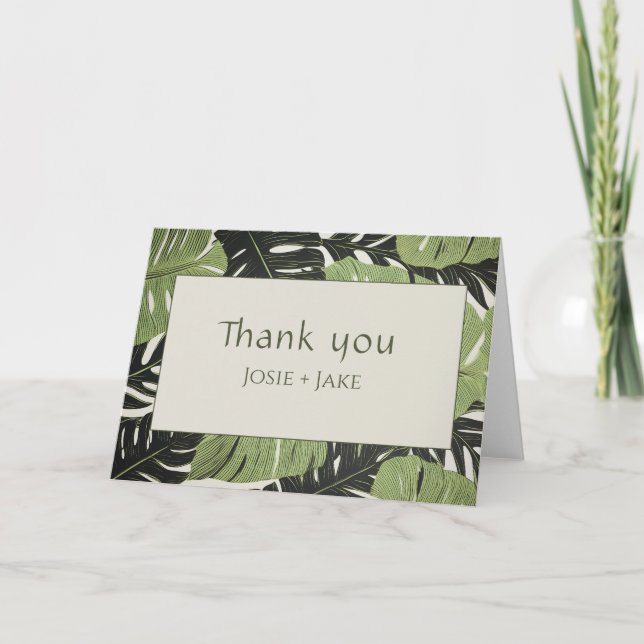 Green jungle leaves, bold wedding thank you card (Front)