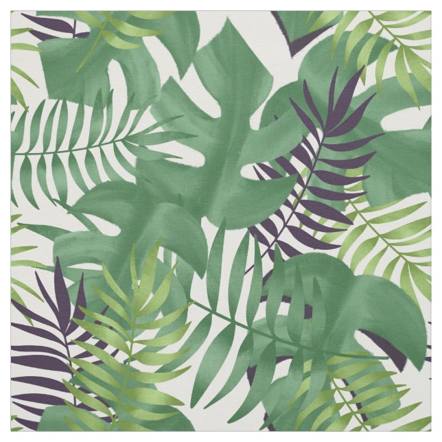 Green Jungle Leaves Nature Seamless Pattern White Fabric (Swatch)