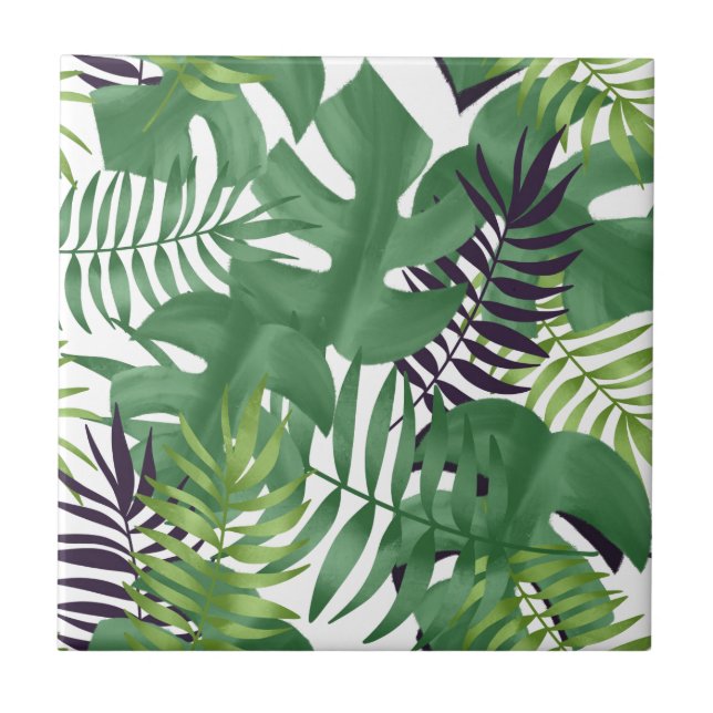 Green Jungle Leaves Nature Seamless Pattern White Tile (Front)