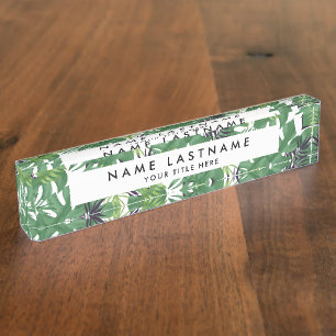 Green Jungle Leaves Tropical Nature Pattern White Nameplate