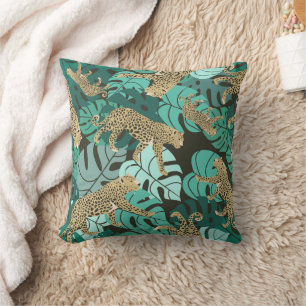 Green Jungle Leopard and Tropical Monstera Leaves Throw Pillow