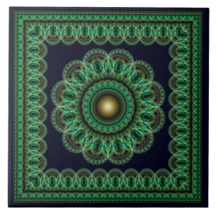 Green kaleidoscopic fractal pattern tile
