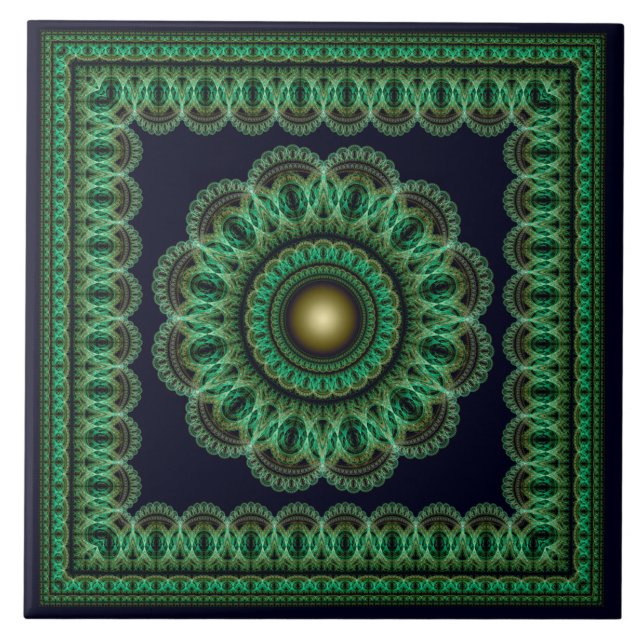 Green kaleidoscopic fractal pattern tile (Front)