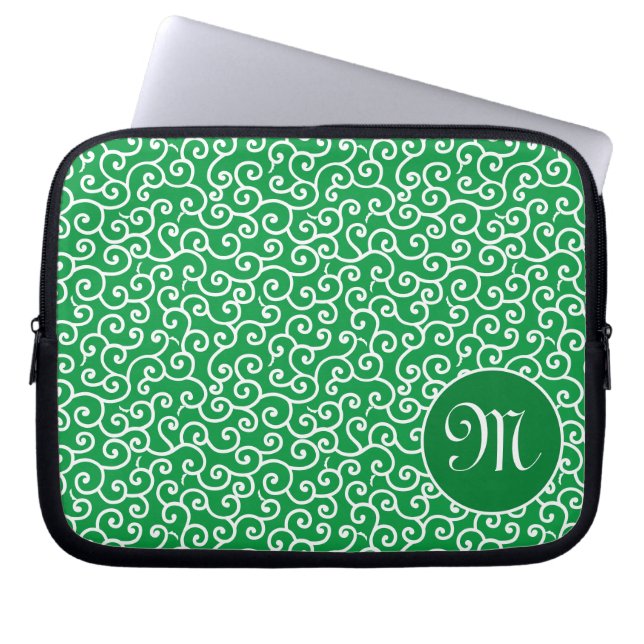 Green Karakusa Arabesque Spiral Vine Pattern Laptop Sleeve (Front)