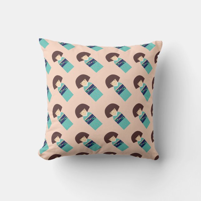 Green_Kimono Doll_pink back  Throw Pillow (Front)