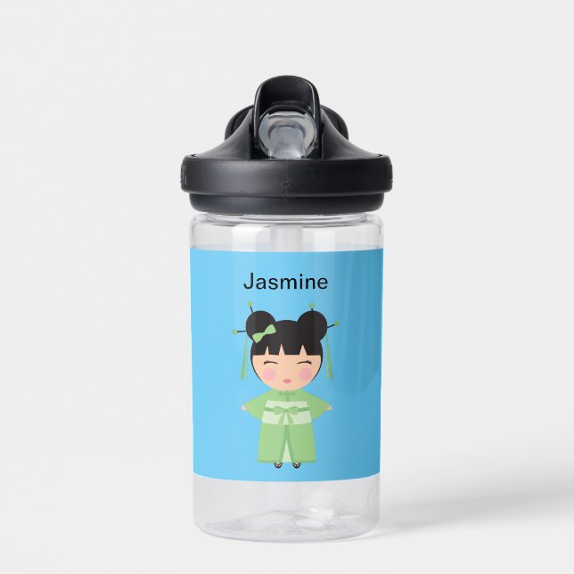 Green Kimono Japanese Doll Personalized Water Bottle (Front)