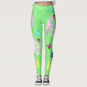 Green Kittens Butterflies Flowers, Leggings
