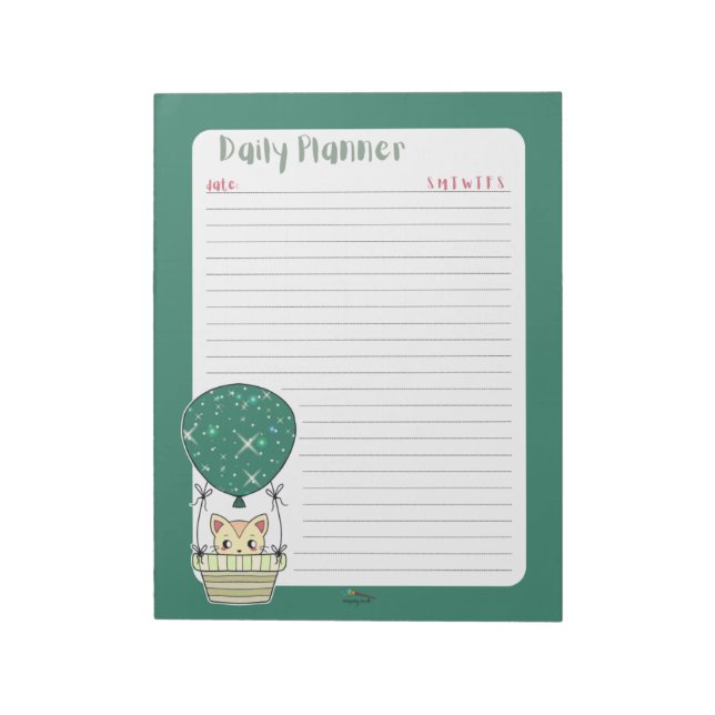 Green Kitty in a Balloon Planner Notepad (Rotated)