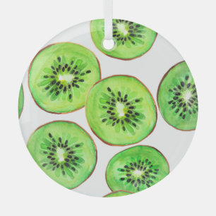Green Kiwi Fruit Watercolor Set Glass Ornament