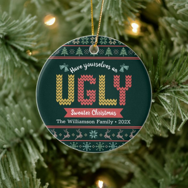 Green Knit Ugly Sweater Christmas Nordic Your Name Ceramic Ornament (Tree)