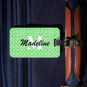 Green Knitted Luggage Tag + Name, Monogram