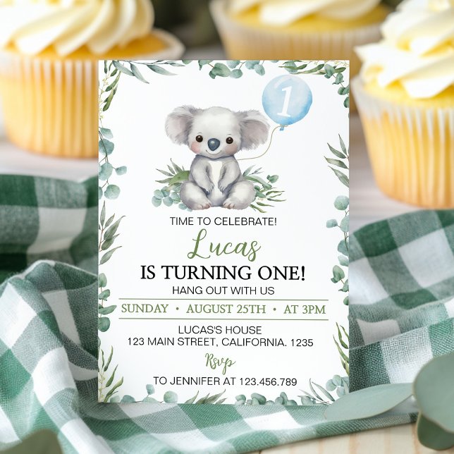 Green Koala Balloon Boy Invitation Anniversaire (Créateur téléchargé)