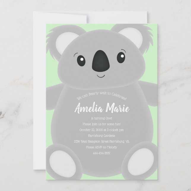 Green Koala Bear Birthday Party Invitation (Front)