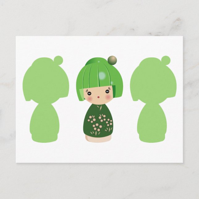 Green Kokeshi Triplet x3 Postcard (Front)