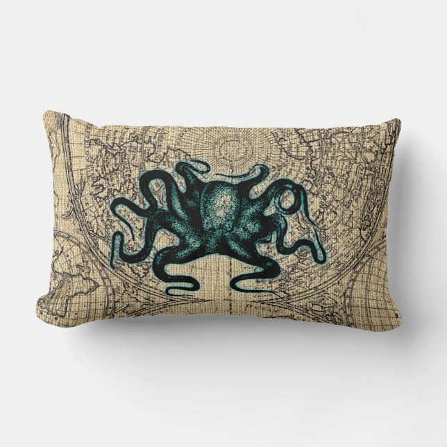 Green Kracken Illustration Map Coastal Honey Lumbar Pillow (Front)