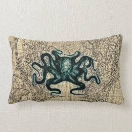 Green Kracken Illustration Map Coastal Honey Lumbar Pillow