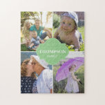 Green label vertical 4 Family Photo Collage Jigsaw Puzzle<br><div class="desc">Customize this puzzle with family photos, include your favourite photo of the kids, grandparents, parents, pets etc. Up to 4 pictures to replace. Change all the photos and family last name. Makes for a great gift for family time. A green label frame design detail on the middle. *Please don't hesitate...</div>