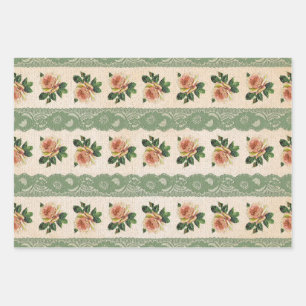 Green Lace and Pink Rose Vintage Wrapping Paper Sheet