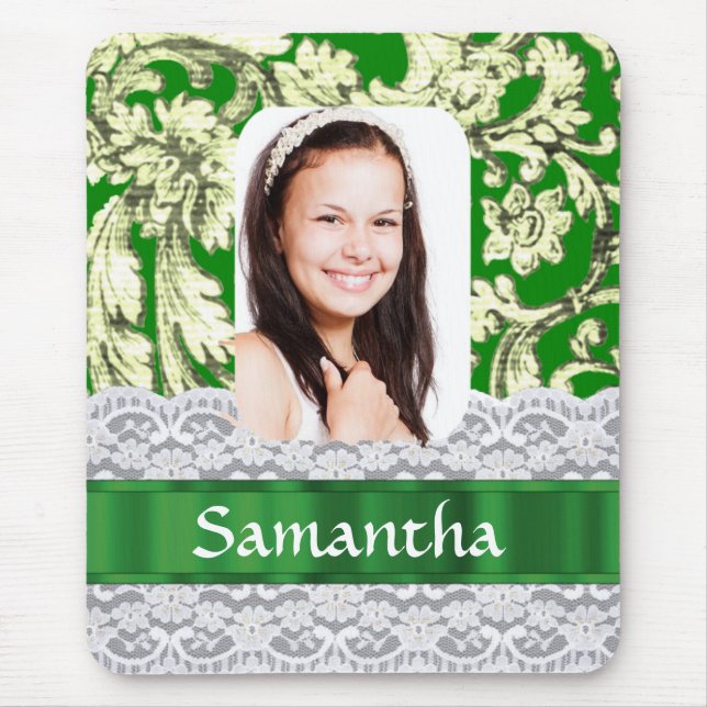 Green lace damask personalized photo mouse pad (Front)