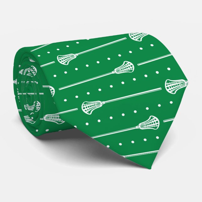 Green Lacrosse White Sticks & Dotted Lines Pattern Tie (Rolled)