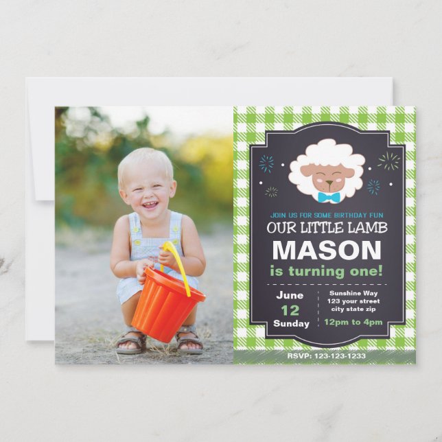 Green Lamb Birthday Invitation with Photo (Front)