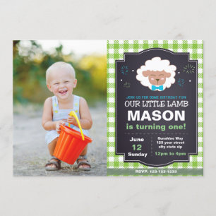 Green Lamb Birthday Invitation with Photo